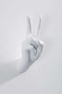 Hand wall art or hook, peace gesture, and white colour