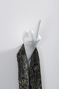 Hand wall art or hook, up yours gesture, white colour, and hanging scarf