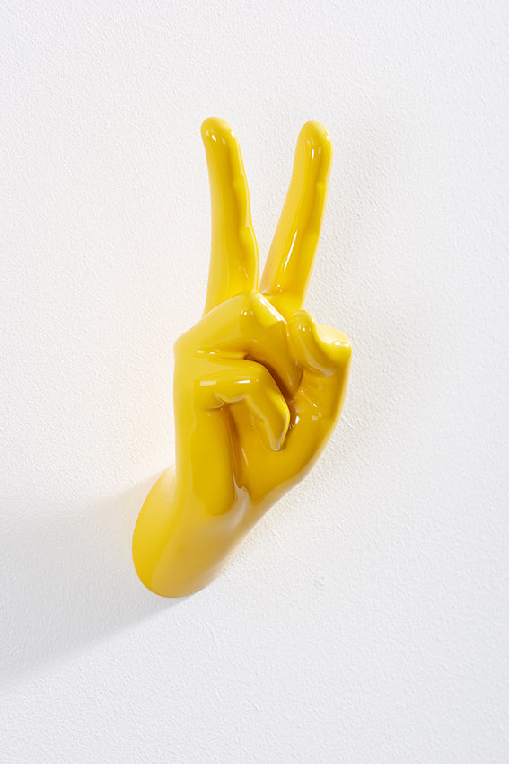 Hand wall art or hook, peace gesture, and yellow colour