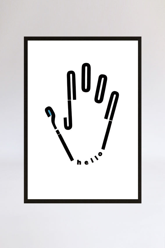 Wave hello hand, print, letters, black, letterpress, frame
