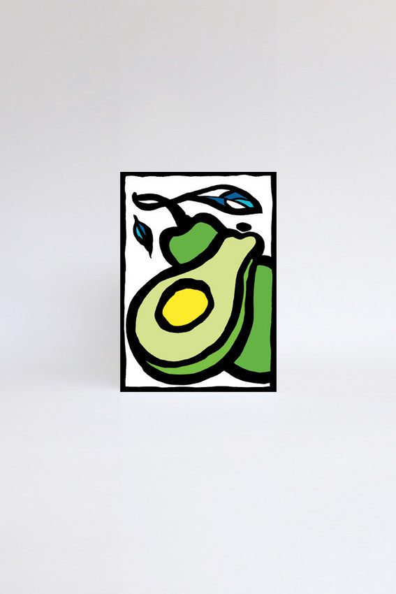 Two green avocados,  greetings card, ink drawing