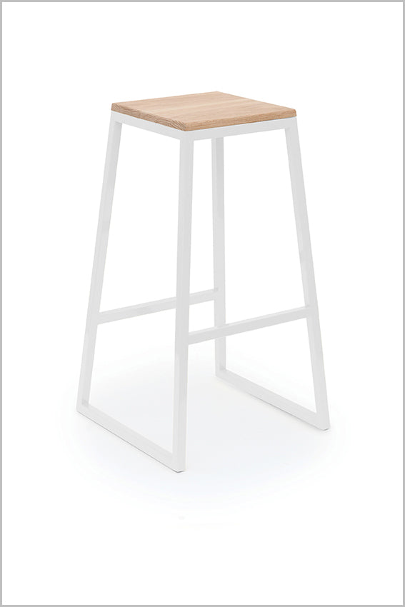 Metal bar stool, white, square oak seat pan