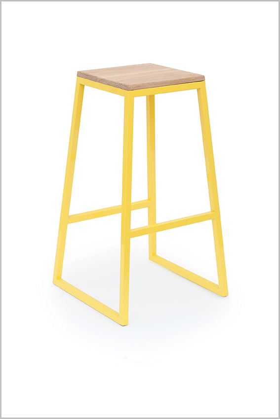 Metal bar stool, yellow, square oak seat pan