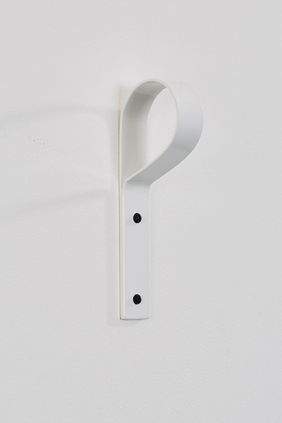 Metal coat hook, crook hook shape, and white colour