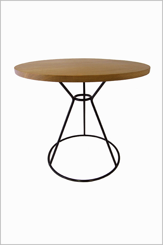 Oak top, round side table, black metal frame base