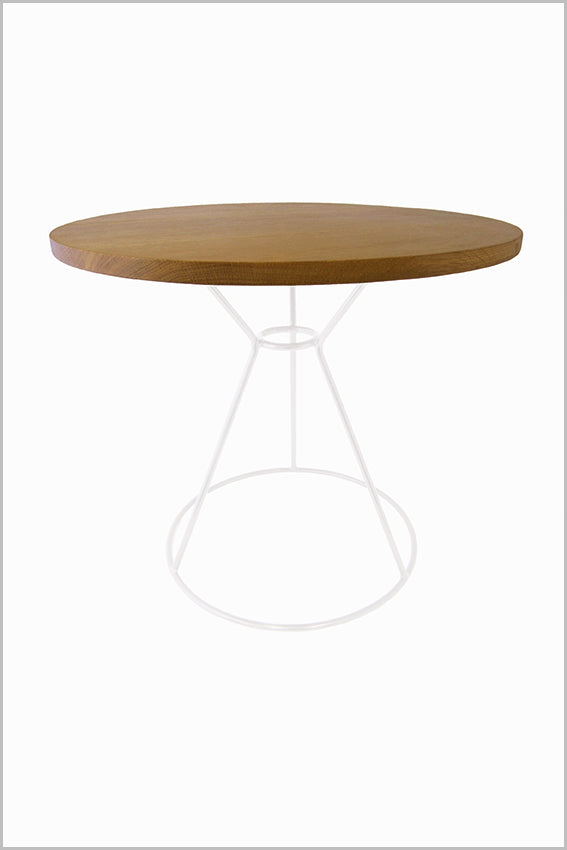 Oak top, round side table, white metal frame base