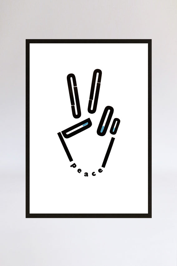 Peace hand, framed print, letters, black, letterpress