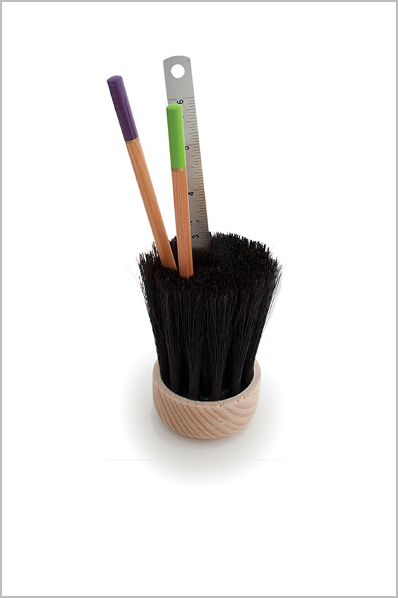 Pen holder, brush, round oak base, ruler