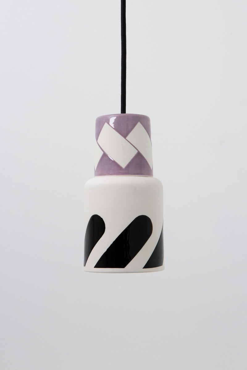Pendant light, porcelain lamp, lilac, black graphic