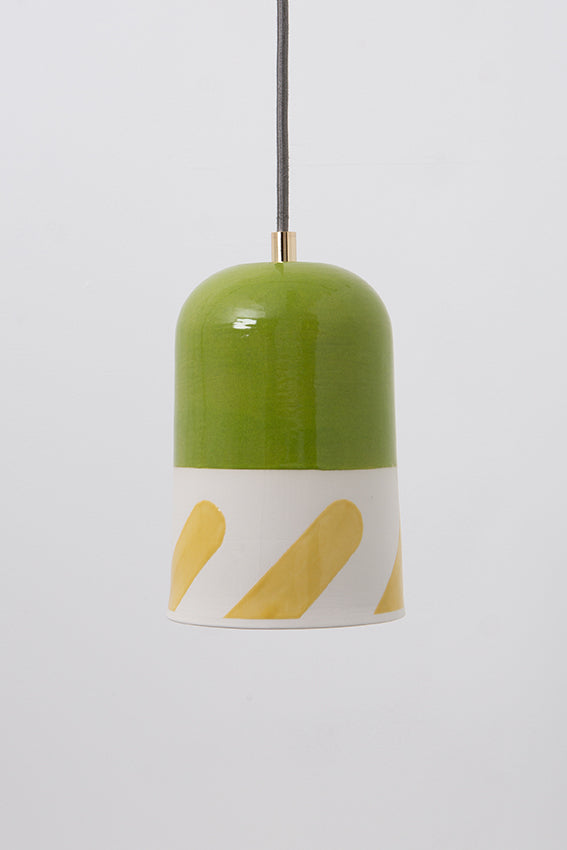 Pendant light, porcelain lamp, domed, green, yellow graphic