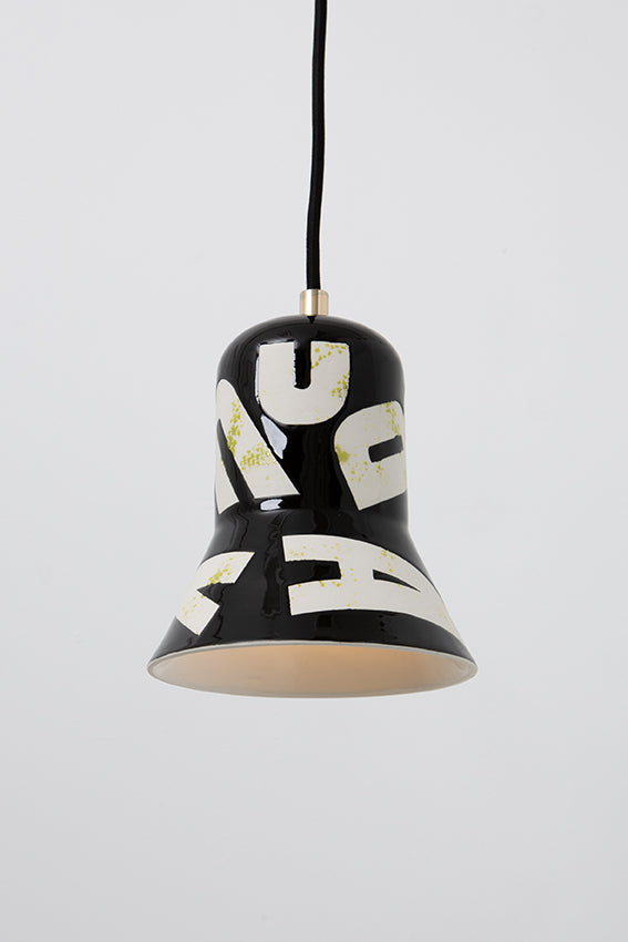 Pendant light, porcelain lamp, shade, black, white letters