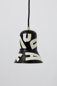 Pendant light, porcelain lamp, shade, black, white letters