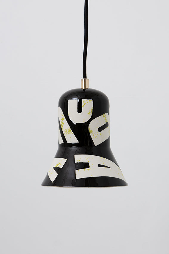 Pendant light, porcelain lamp, shade, black, white letters