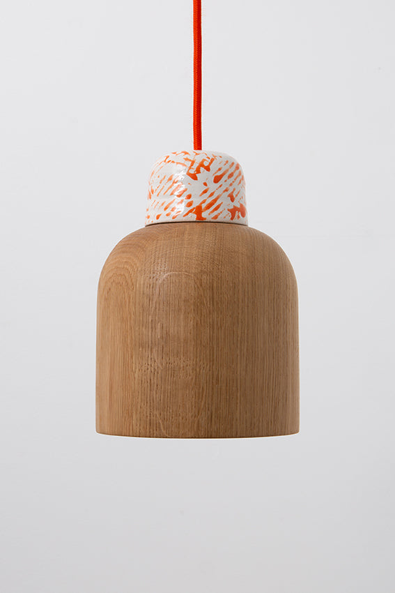 Oak, pendant light, lamp, ceramic top, orange cable