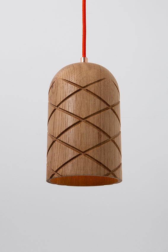 Oak, pendant light, lamp, quilted pattern, orange cable