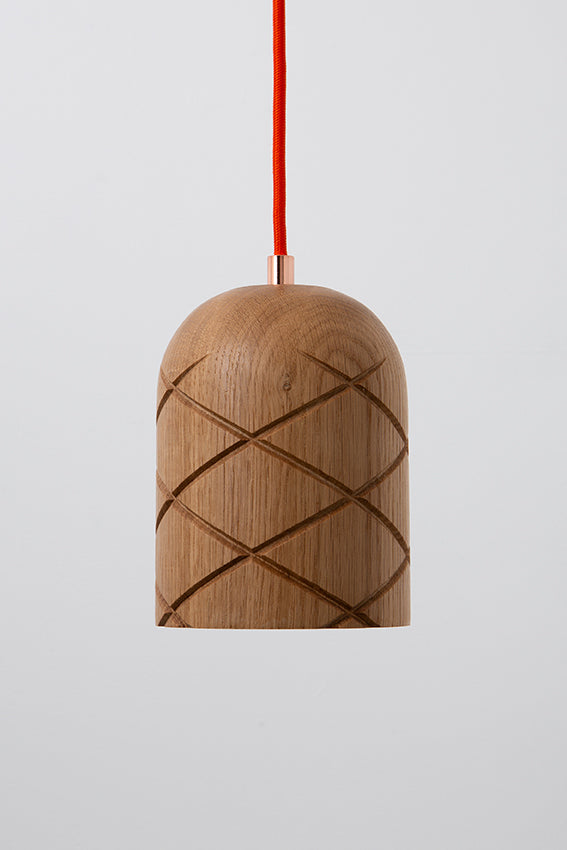 Oak, pendant light, lamp, quilted pattern, orange cable