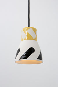 Pendant light, porcelain lamp, white black graphic, yellow top