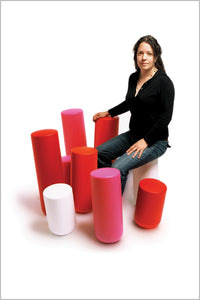 Plastic stools, perches, coloured, tubular, person sitting