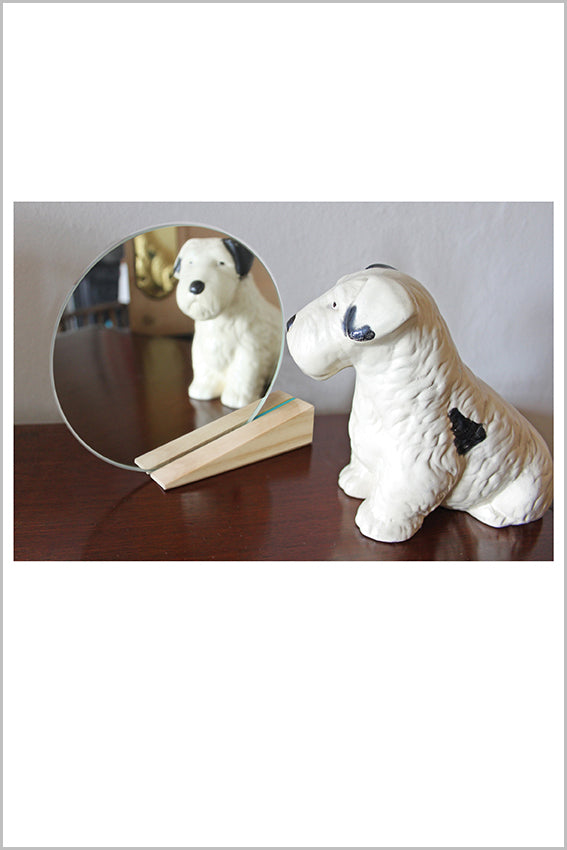 Round desk mirror, oak stand, wedge, dog statue