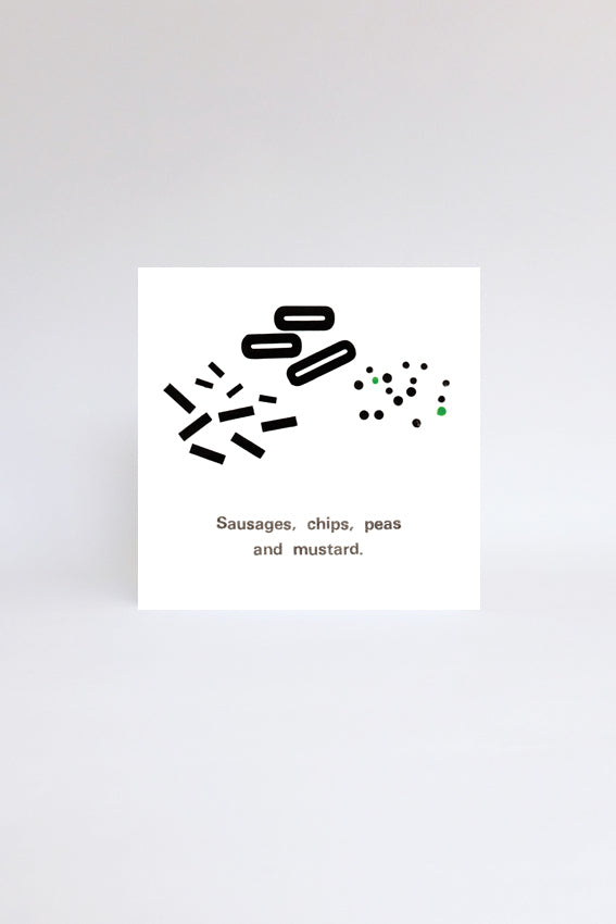 Sausages and chips, greetings card, black letterpress print