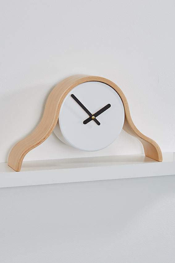 Wood frame, white mantel clock, black hands