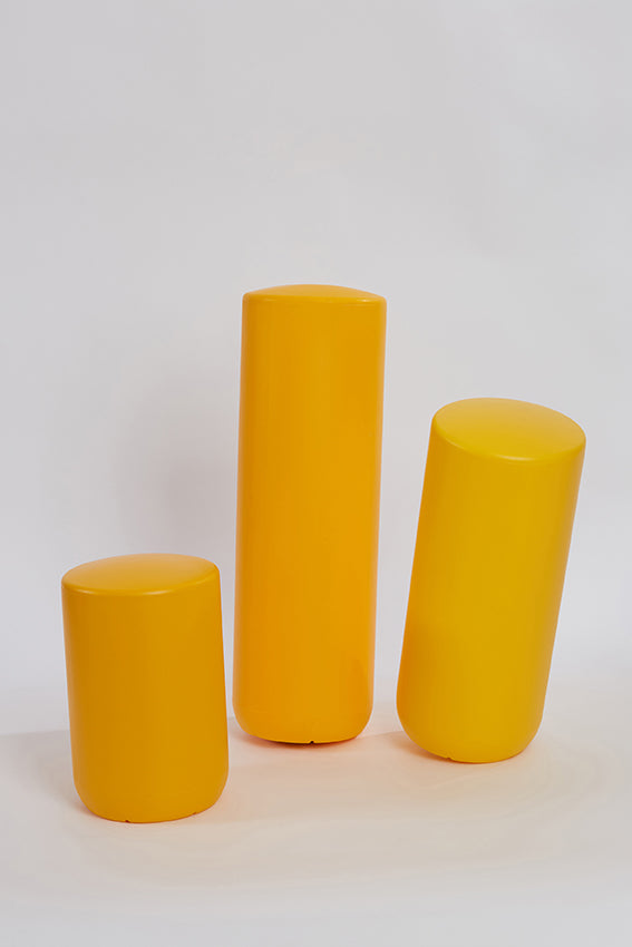 Plastic stool, perch, tubular, group, and yellow colour